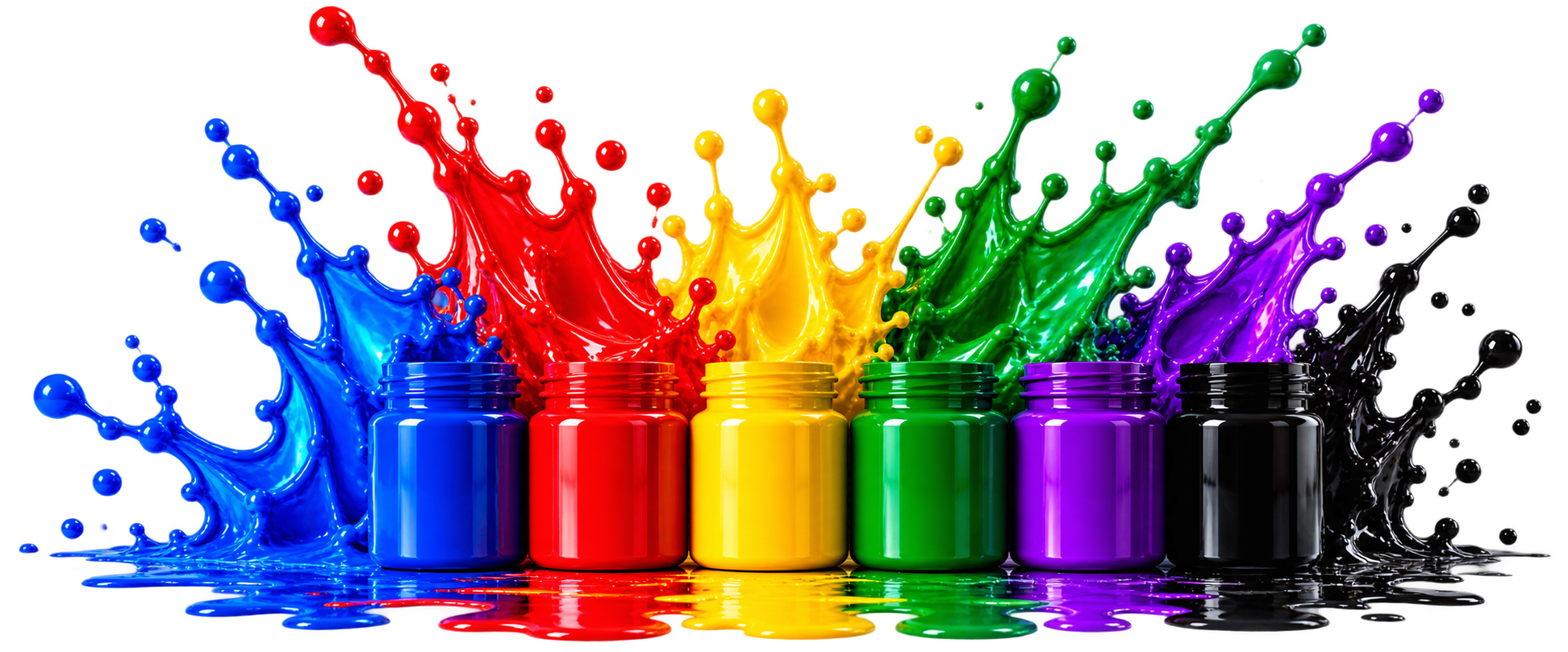 Frascos de pigmentos en colores intensos con salpicaduras de pintura